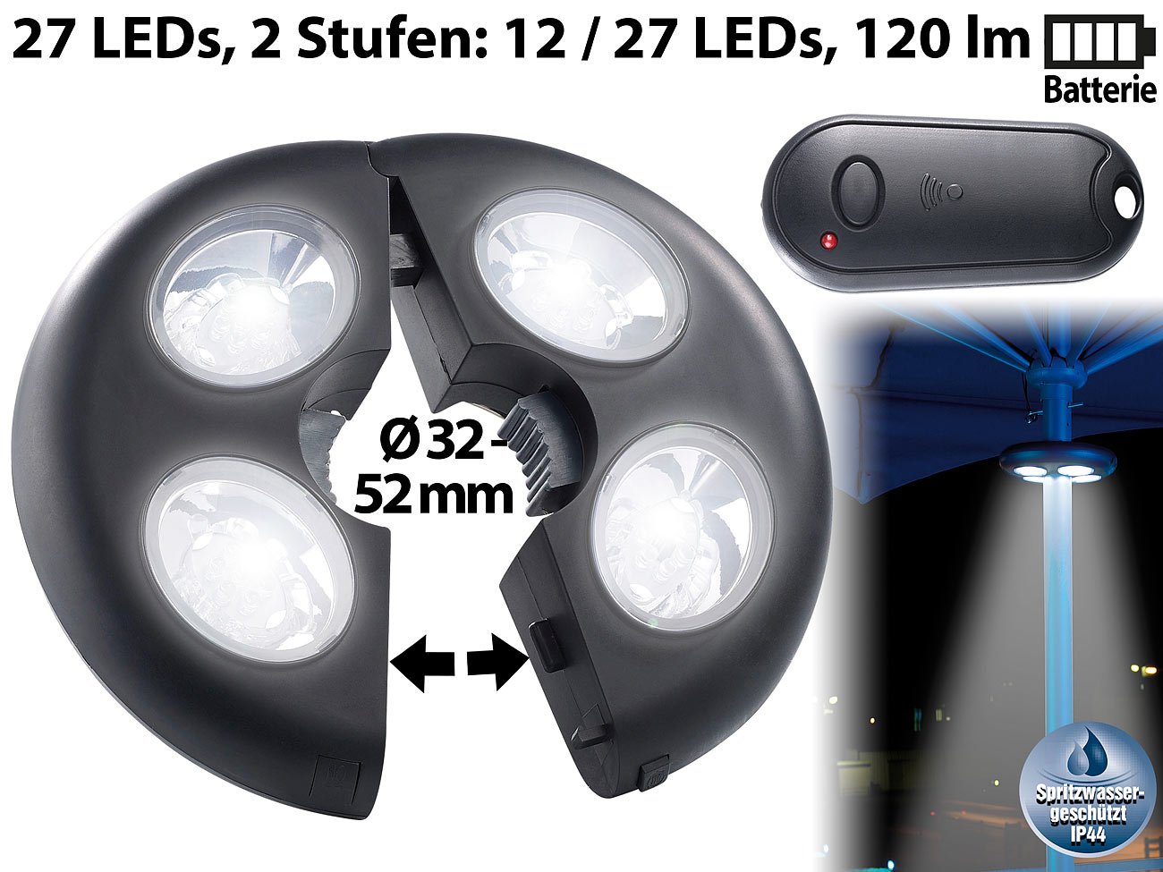 Lunartec Außenbeleuchtung LED-Schirmleuchte LSL-120 mit Fernbedienung