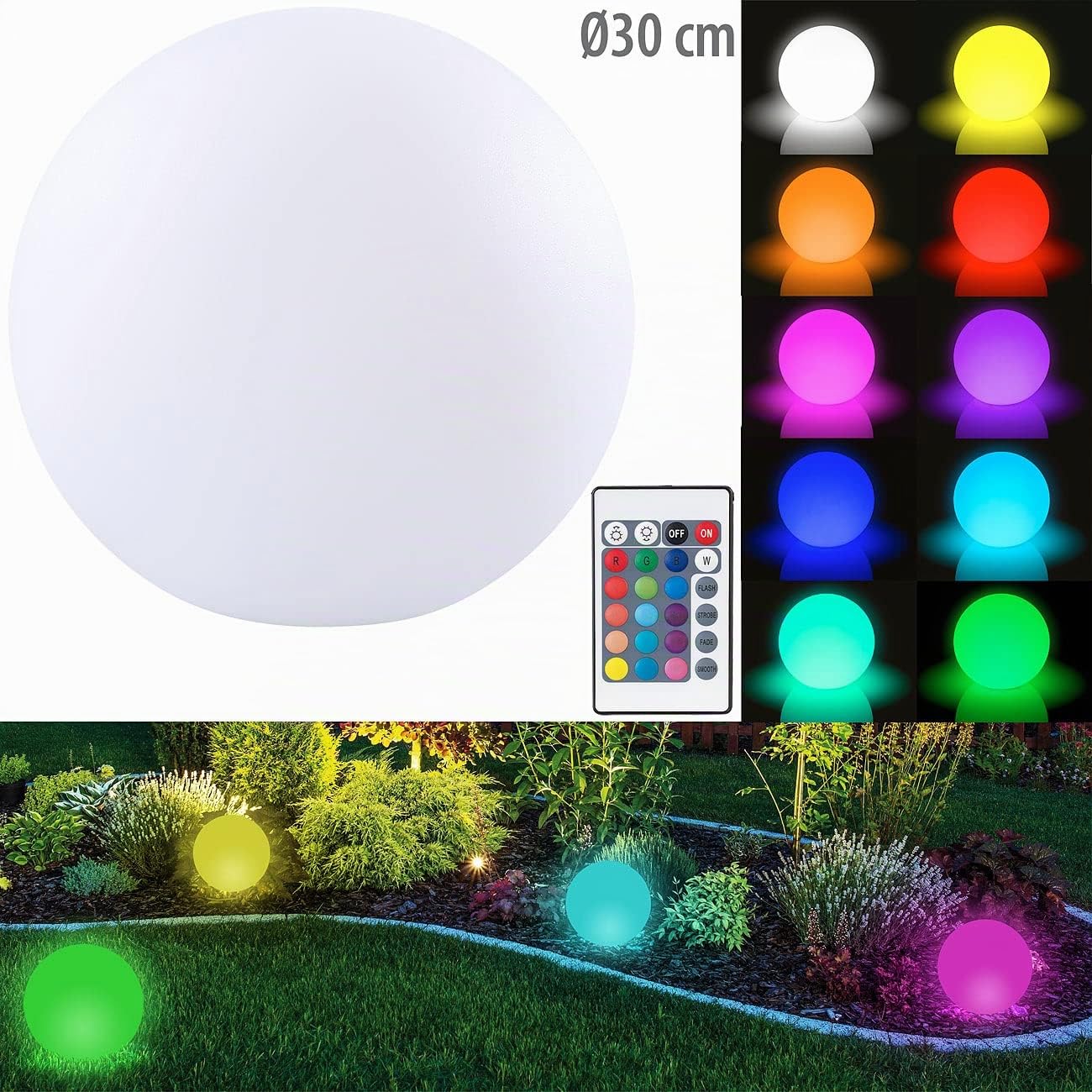 Lunartec Licht-Dekoration Akku-Leuchtkugel 30 cm RGBW IP54