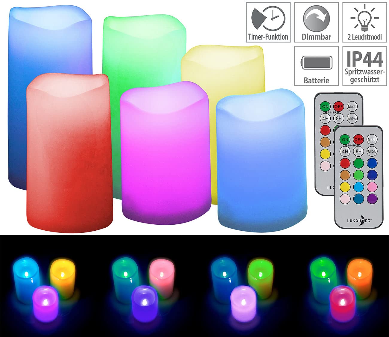 Lunartec Licht-Dekoration RGB LED-Kerzen 6er-Set bunt mit Timer