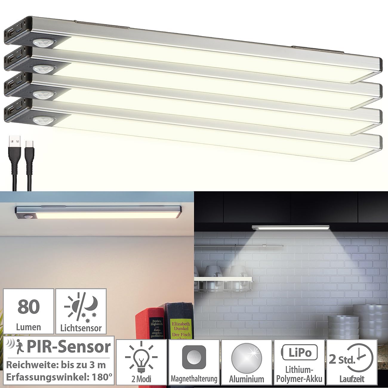 Lunartec Innenbeleuchtung LED-Lichtleiste 4er-Set warmweiß 23cm