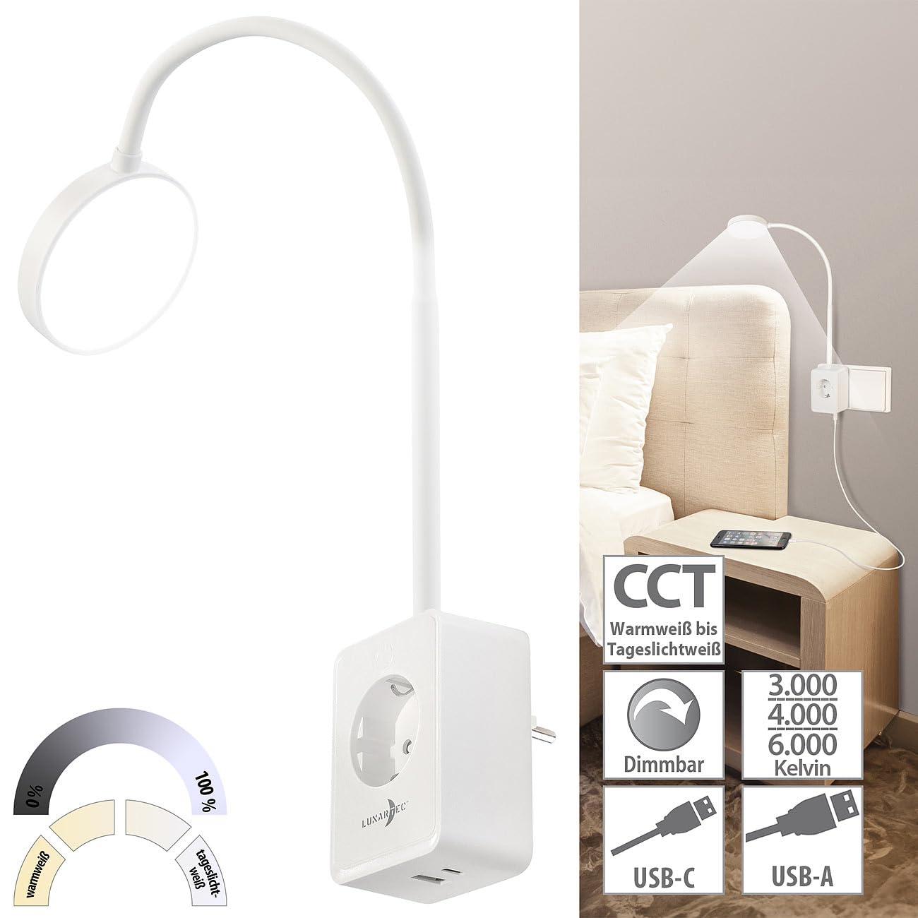 Lunartec Innenbeleuchtung Steckdosenlampe weiß dimmbar USB