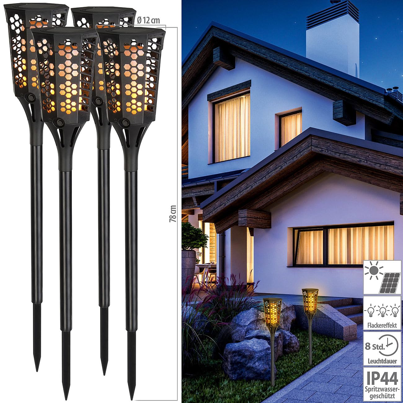 Lunartec Außenbeleuchtung LED-Solar-Gartenfackeln 4er-Set 78cm