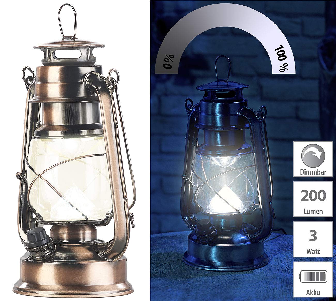 Lunartec Taschenlampen LED-Sturmlaterne Akku 4er-Set bronze warmweiß