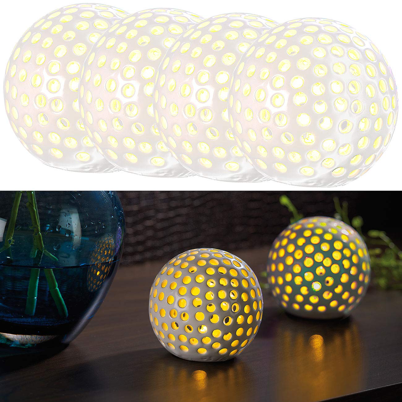 Lunartec Außenbeleuchtung LED-Kugelleuchten 4er-Set Keramik 83mm warmweiß