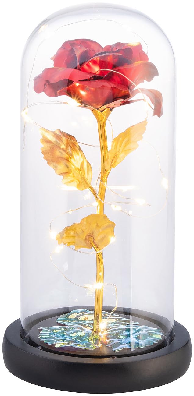 Lunartec Licht-Dekoration Goldene Rose unter Glas LED rot 21,5 cm