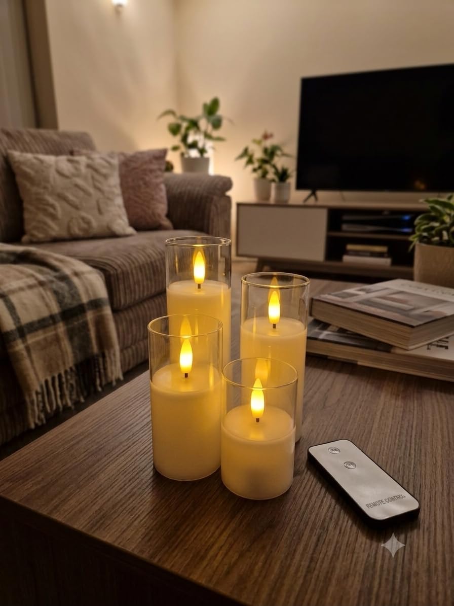 Lunartec Licht-Dekoration LED-Echtwachskerzen 4er-Set weiß Glas