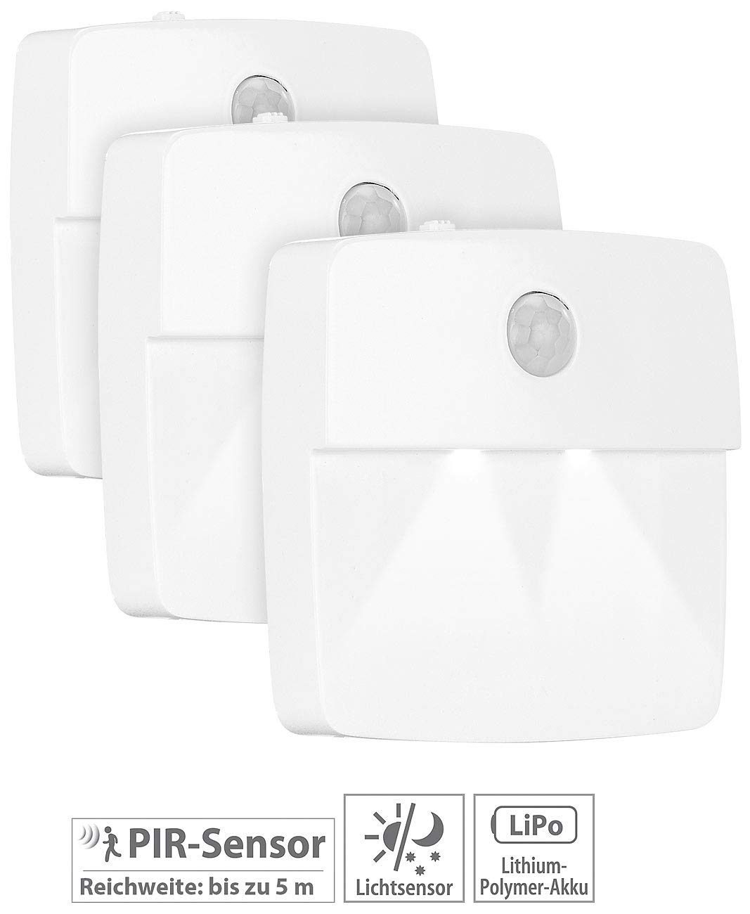 Lunartec LED-Treppenlicht 3er-Set Akku mit Bewegungsmelder weiß