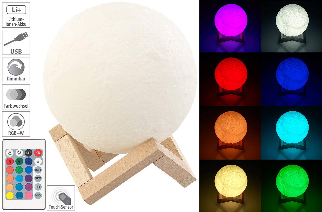 Lunartec Licht-Dekoration Mondleuchte LED 15cm Akku 16 Farben