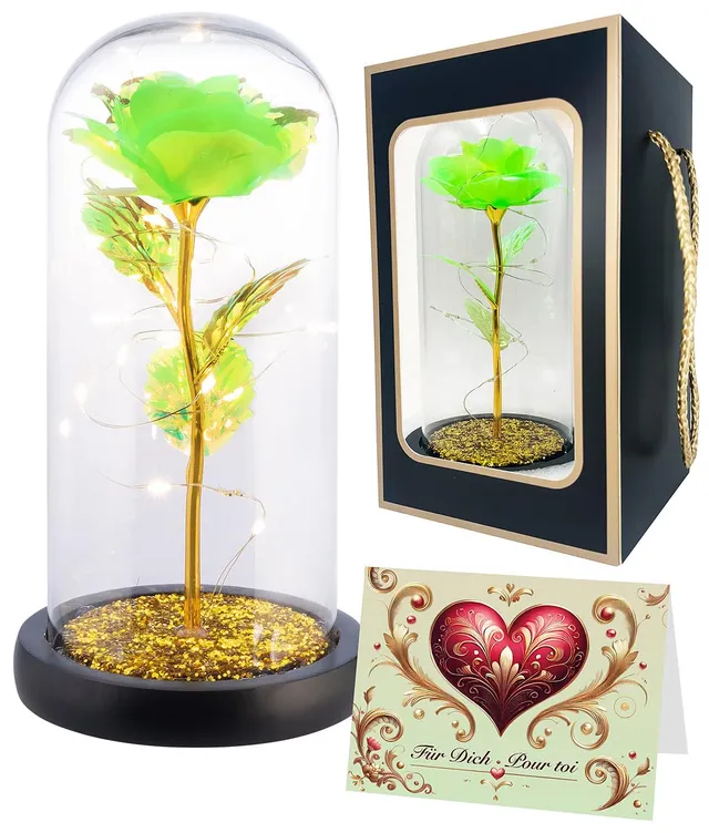 Lunartec Licht-Dekoration LED-Rose unter Glas grün 21,5 cm