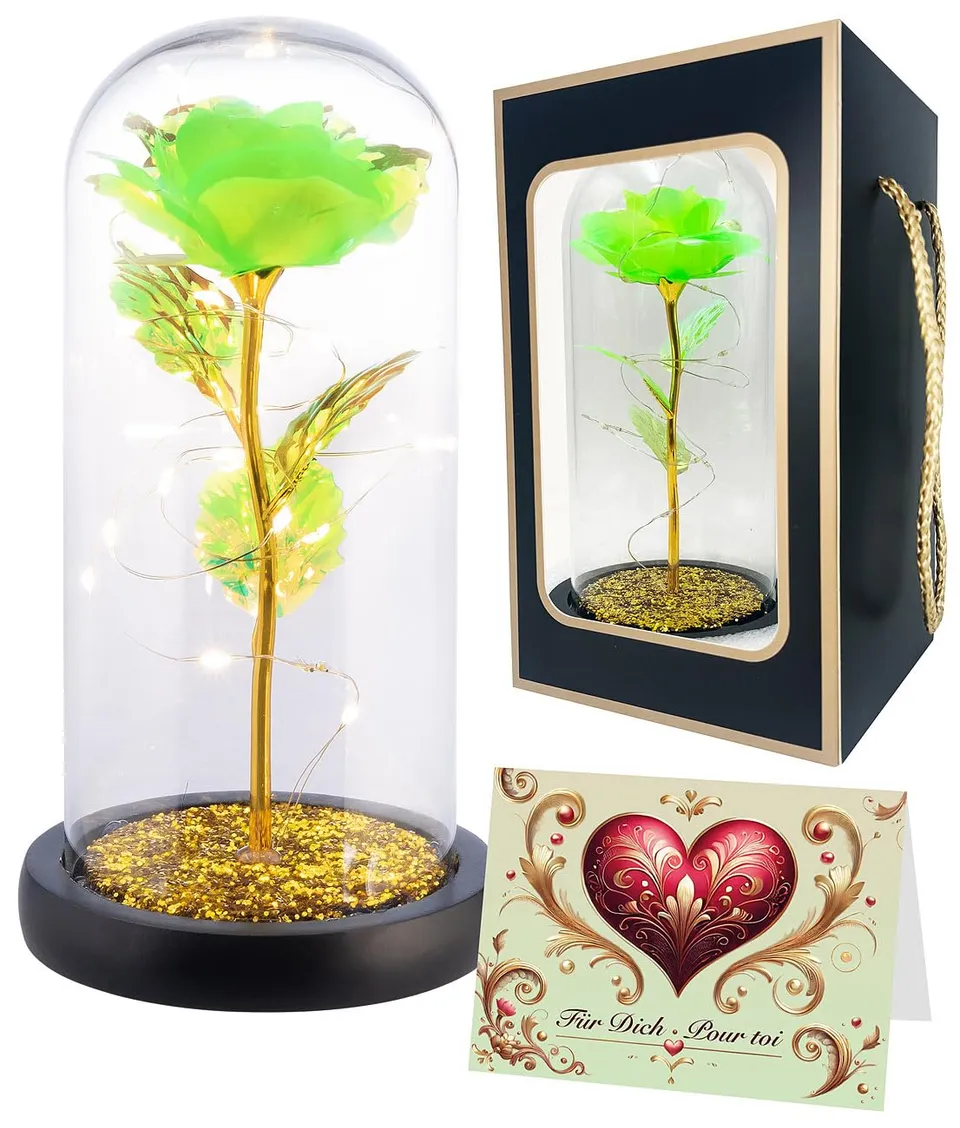 Lunartec Licht-Dekoration LED-Rose unter Glas grün 21,5 cm