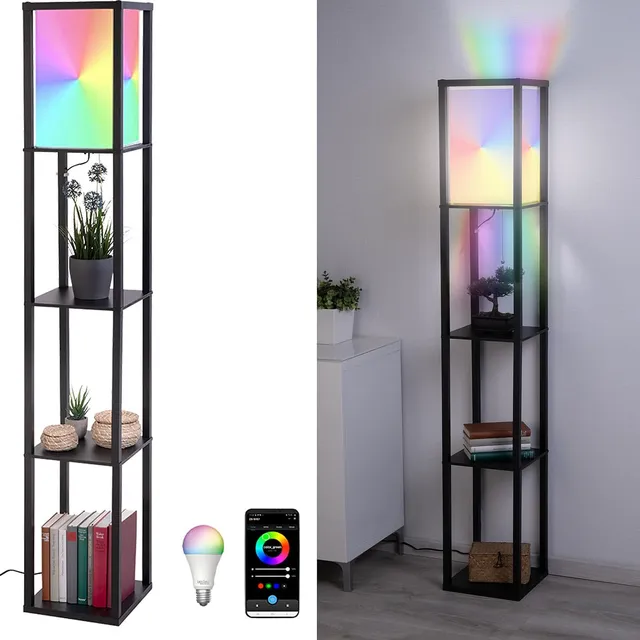 Lunartec Stehlampe Holz Regal schwarz smart WLAN LED RGB