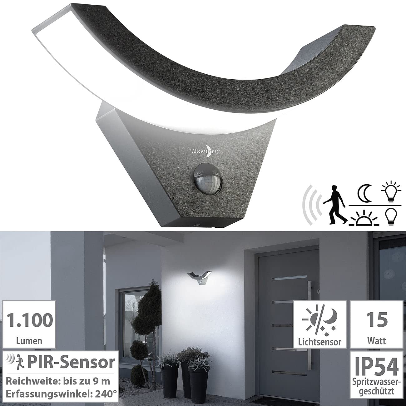 Lunartec Außenbeleuchtung LED-Wandleuchte 1100 lm IP54 Sensor