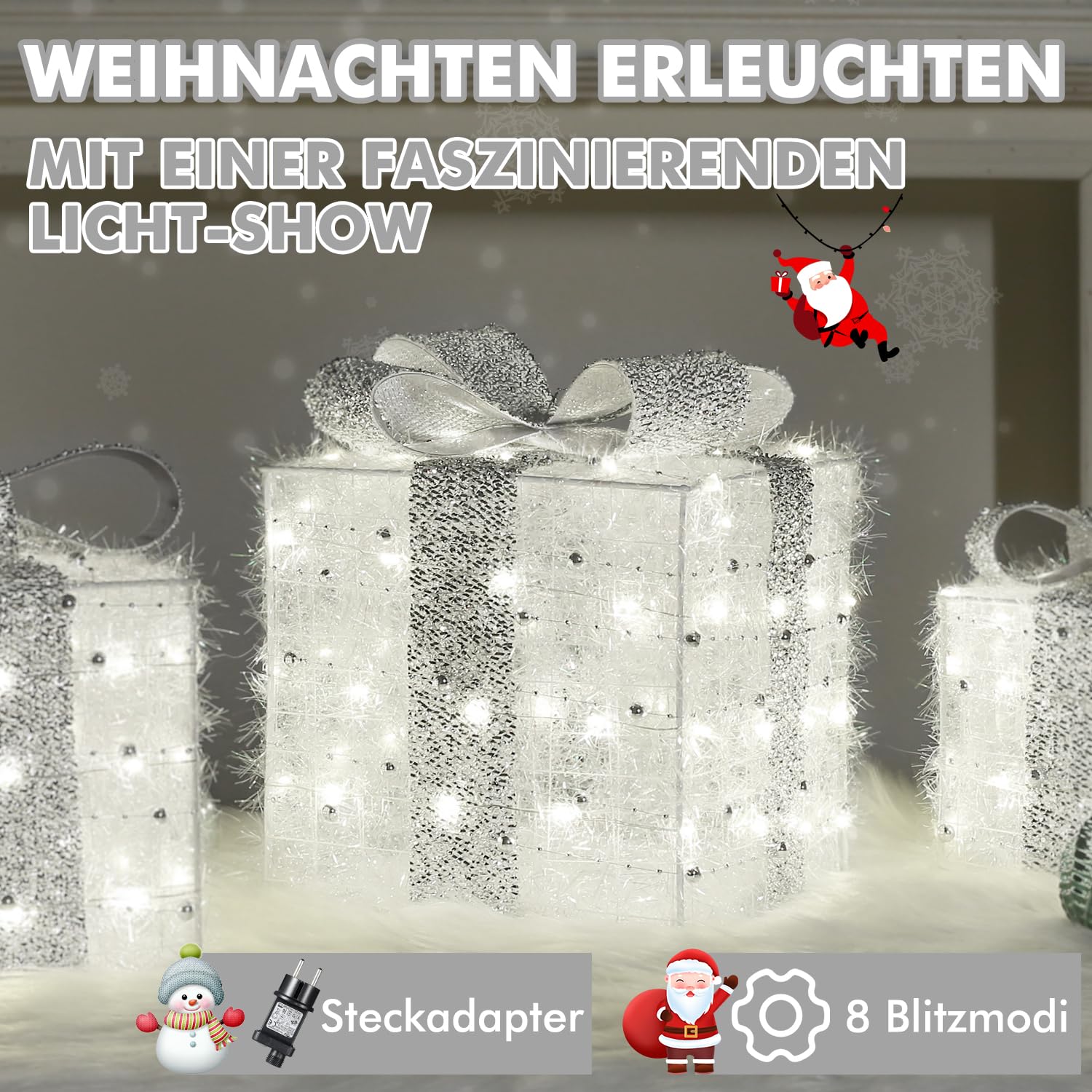 elktry LED Geschenkbox 3er Set silber mit Timer 140 LEDs