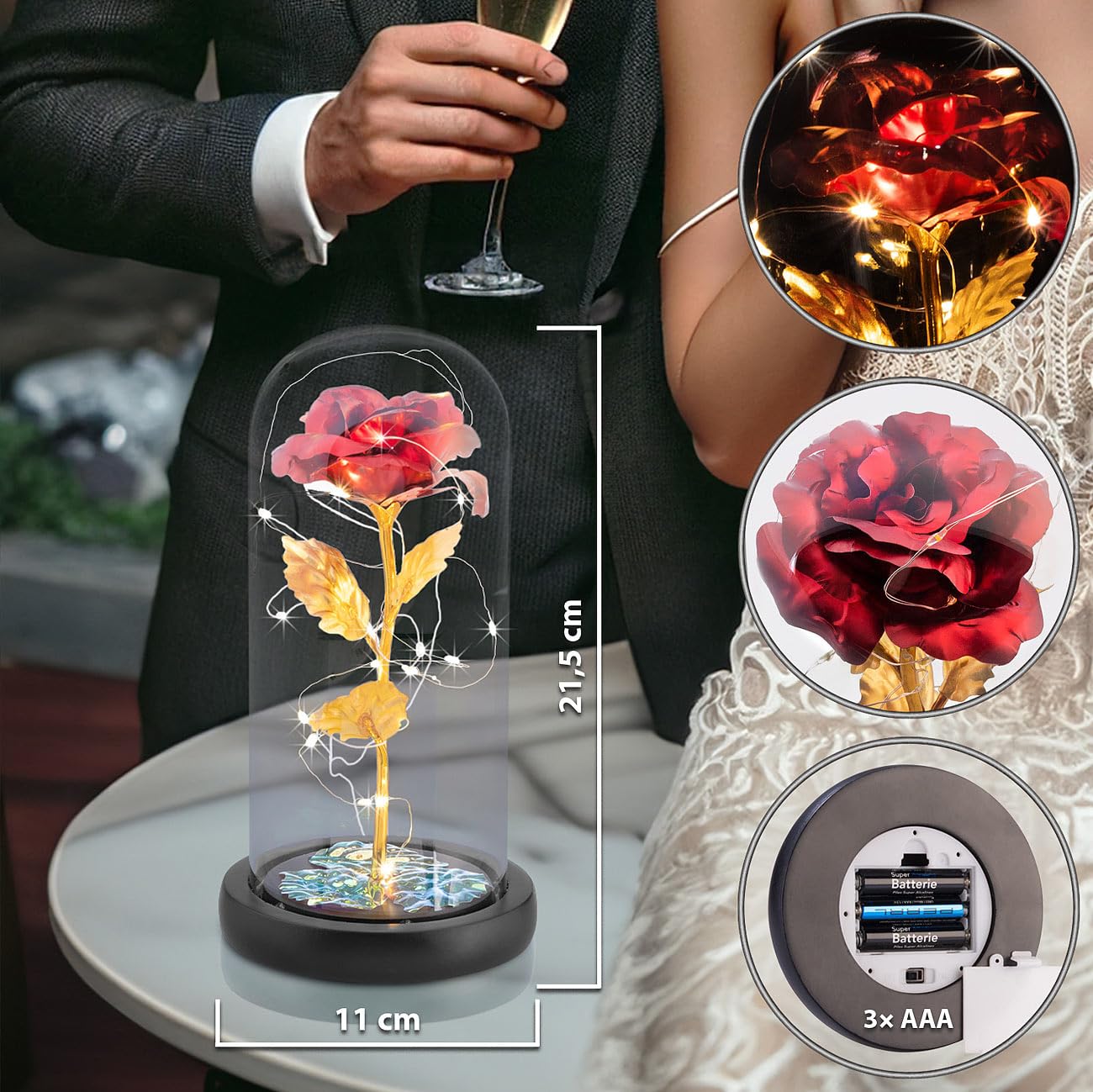 Lunartec Licht-Dekoration Goldene Rose unter Glas LED rot 21,5 cm