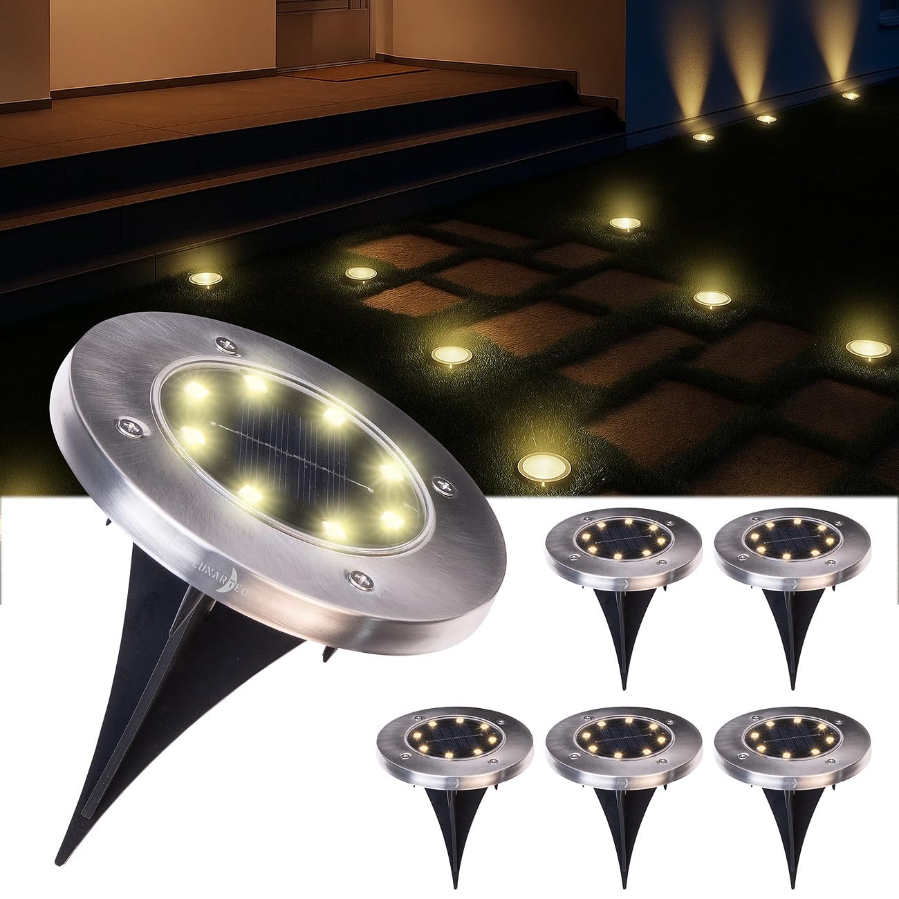 Lunartec Solar-Bodenleuchte Edelstahl 6er-Set warmweiß