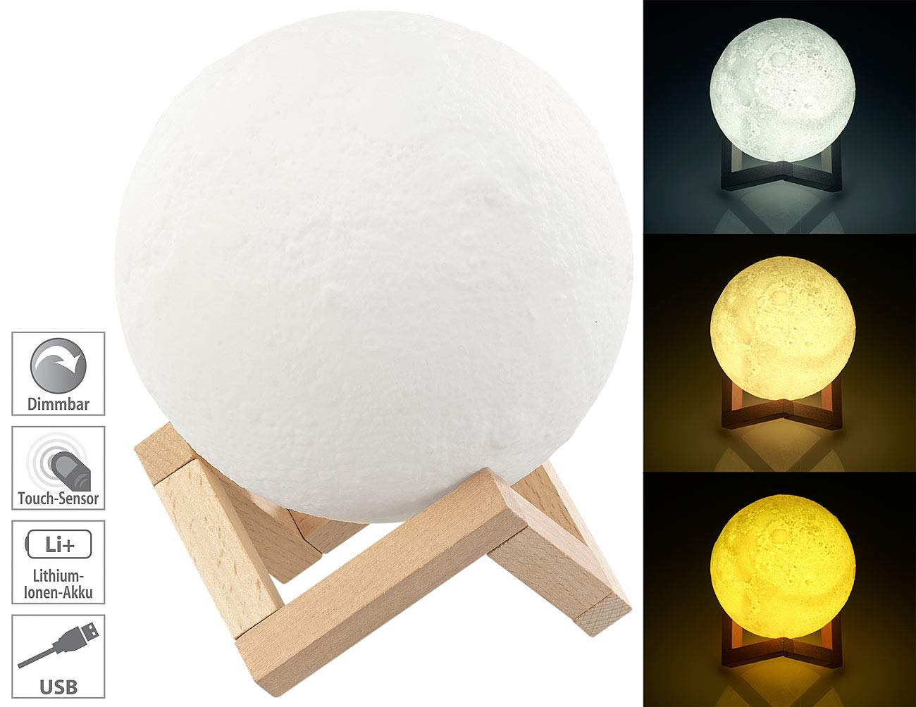 Lunartec Licht-Dekoration Mondlampe LED 15 cm 3 Farben Akku