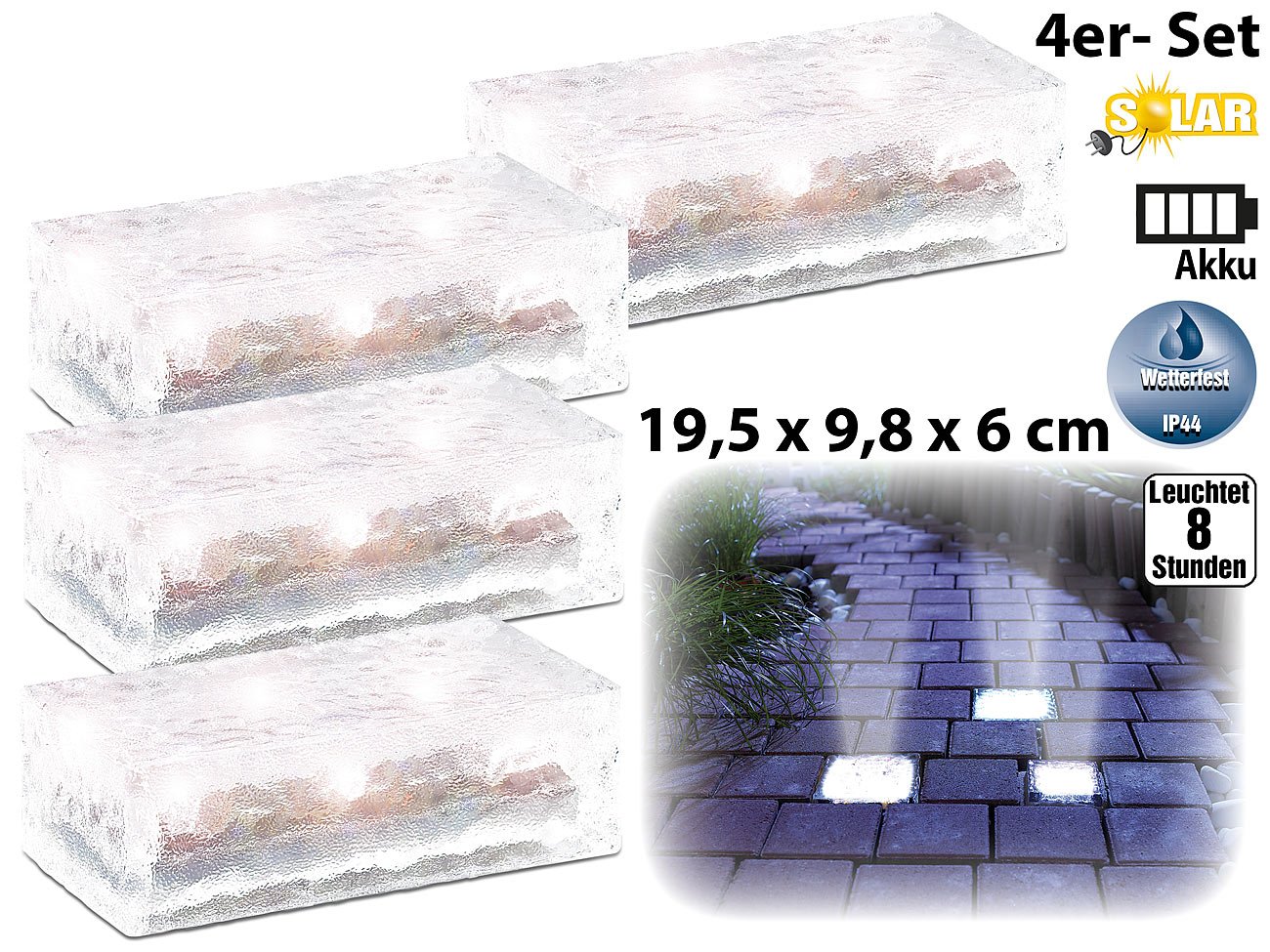 Lunartec Außenbeleuchtung Solar-Pflastersteine 4er-Set warmweiß