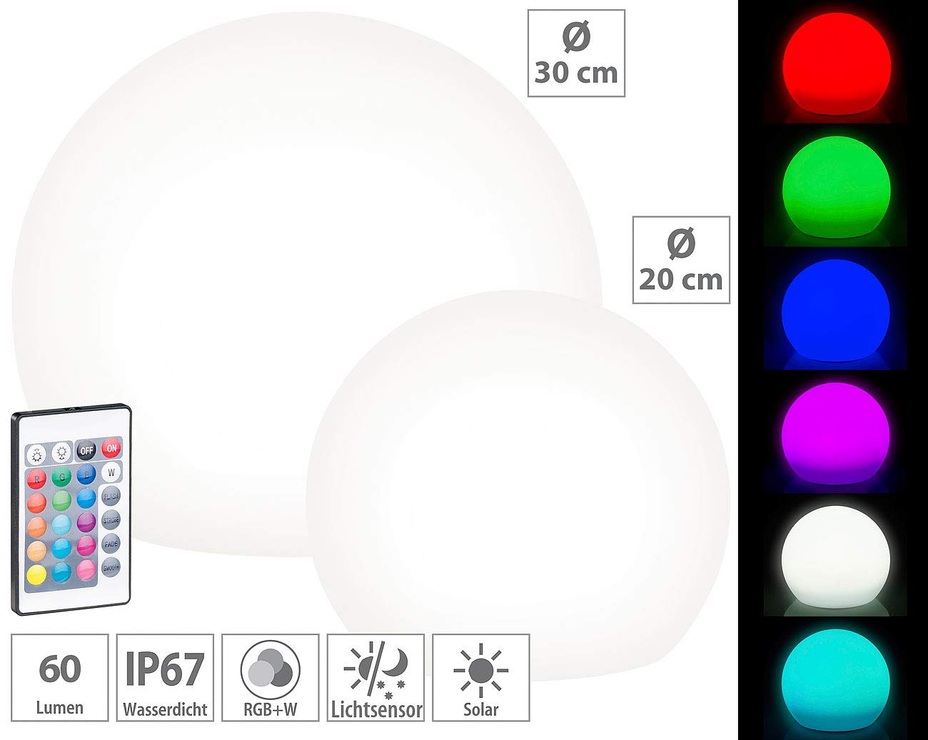Lunartec Licht-Dekoration Solar-Leuchtkugel 20+30cm RGB 2er