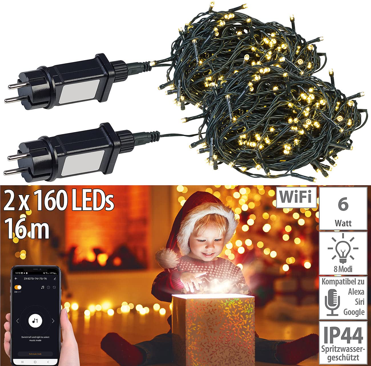 Lunartec Licht-Dekoration WLAN-Lichterkette 2er-Set 16m warmweiß