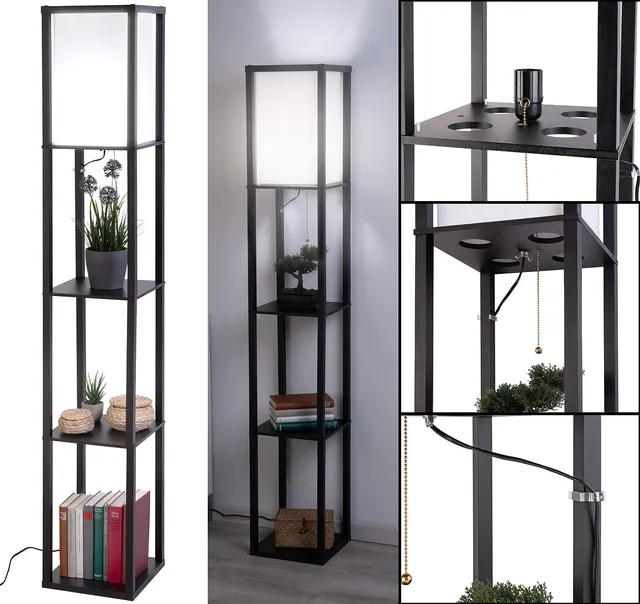 Lunartec Stehlampe Holz Regal schwarz E27 160 cm Stehleuchte