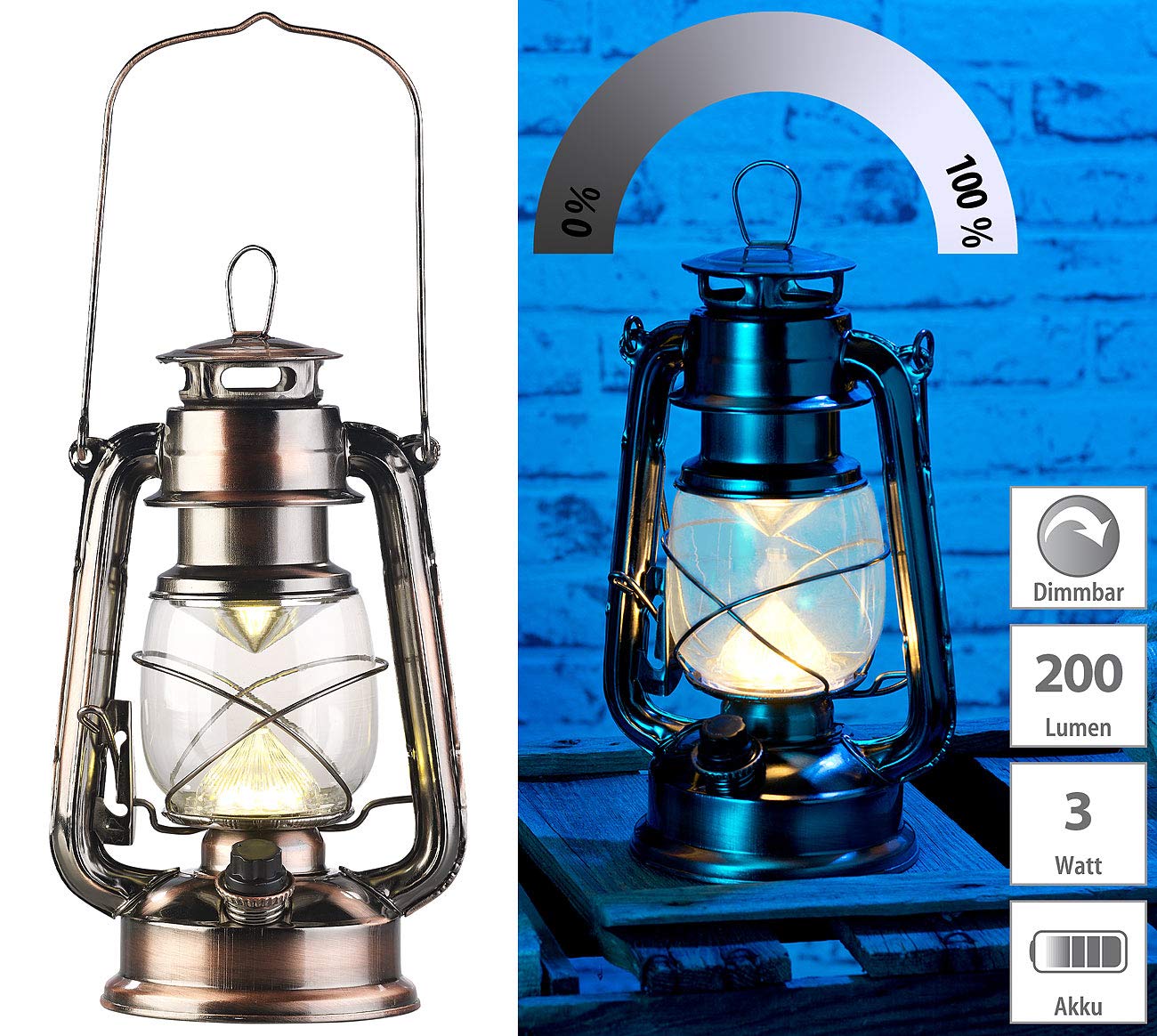 Lunartec Sturmlaterne LED Bronze warmweiß batteriebetrieben
