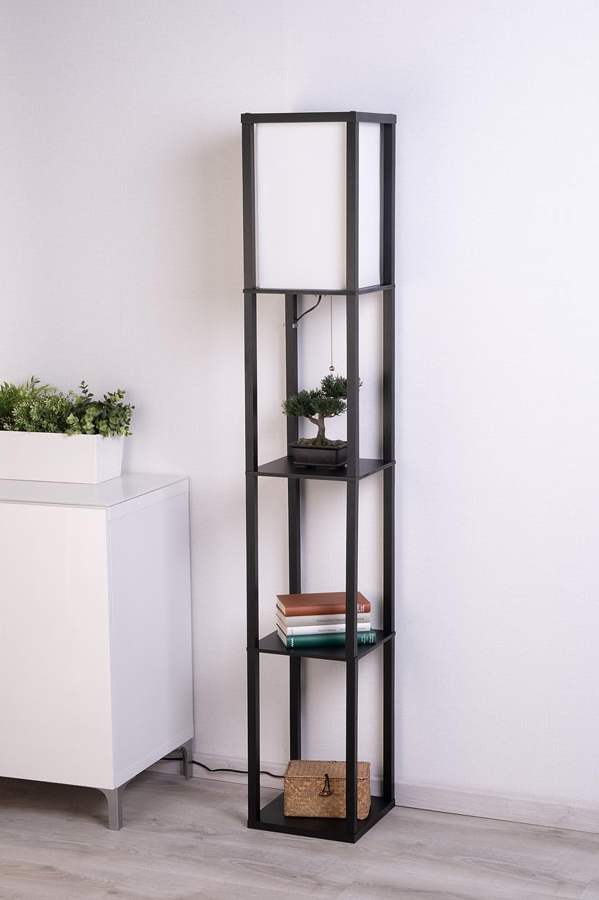Lunartec Stehlampe Holz Regal schwarz E27 160 cm Stehleuchte