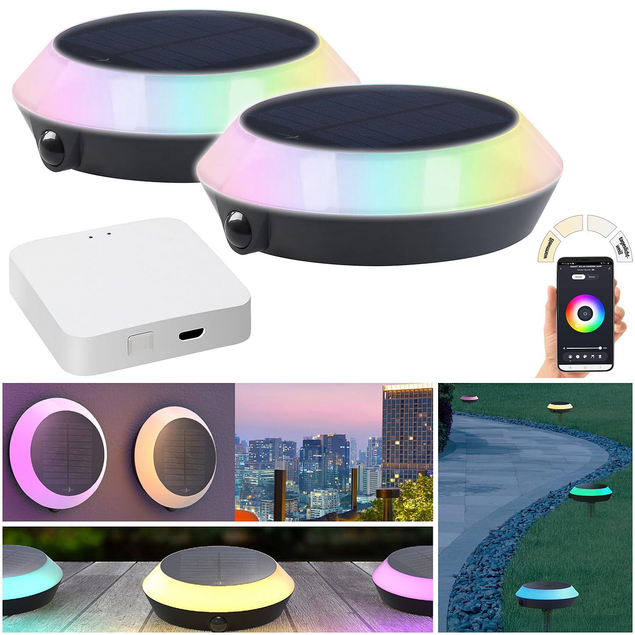 Lunartec Außenbeleuchtung Solarleuchte 2er-Set RGB-CCT mit Bewegungsmelder