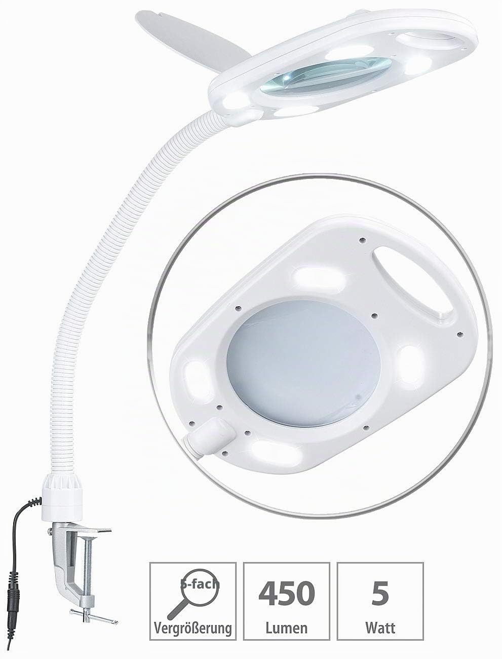 Lunartec LED-Uhren Glas-Lupenleuchte 5-fach 450 lm weiß