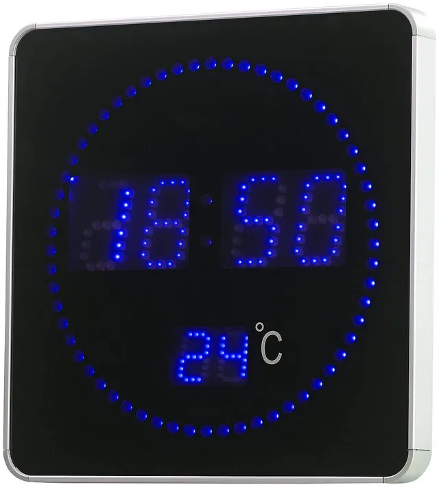 Lunartec LED-Uhren Funk-Tischuhr Wanduhr blau Thermometer 28cm