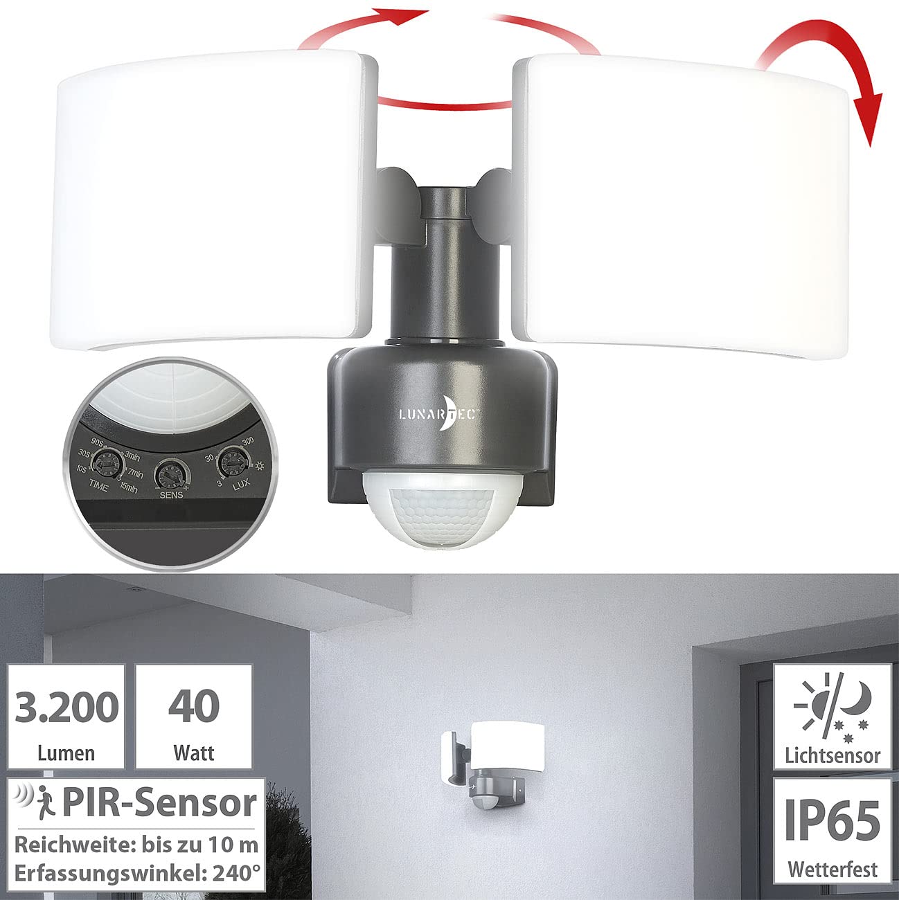 Lunartec Außenbeleuchtung Duo-LED-Wandstrahler 40 W weiß IP65