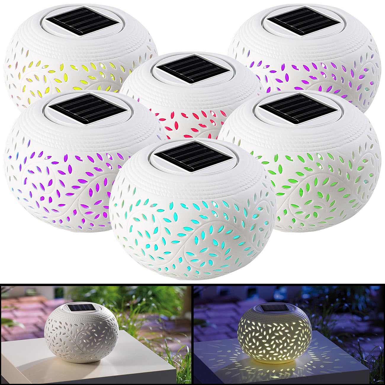 Lunartec Außenbeleuchtung Solar-Laterne 6er-Set Porzellan warmweiß RGB