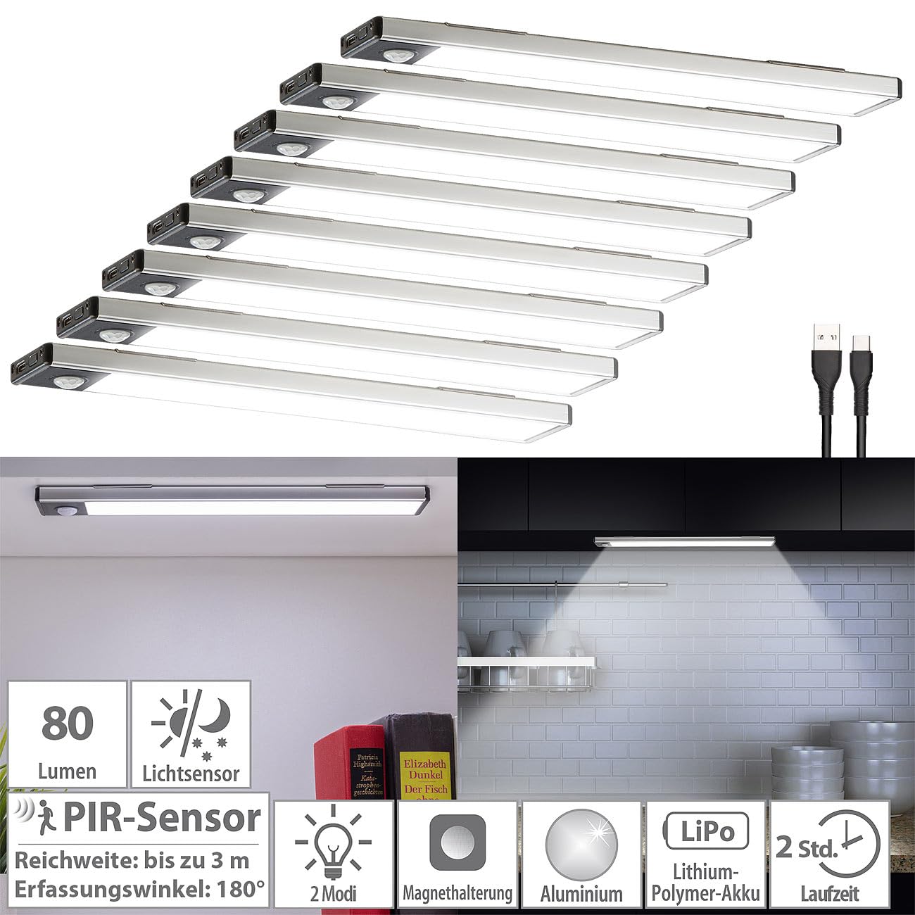 Lunartec Innenbeleuchtung 8er LED-Lichtleiste tageslichtweiß Akku