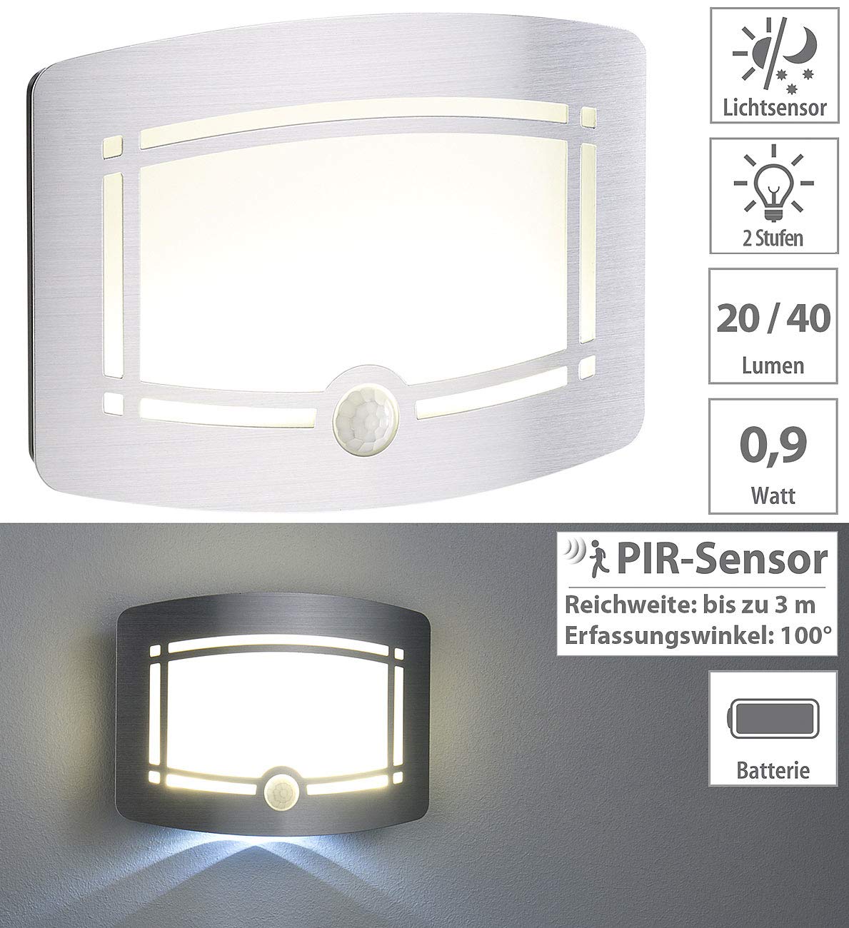 Lunartec Innenbeleuchtung LED-Wandleuchte Batterie 40lm weiß