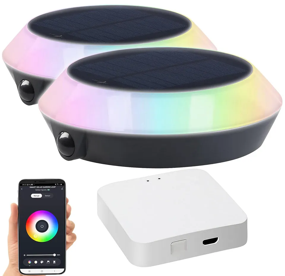 Lunartec Außenbeleuchtung Solarleuchte 2er-Set RGB-CCT mit Bewegungsmelder