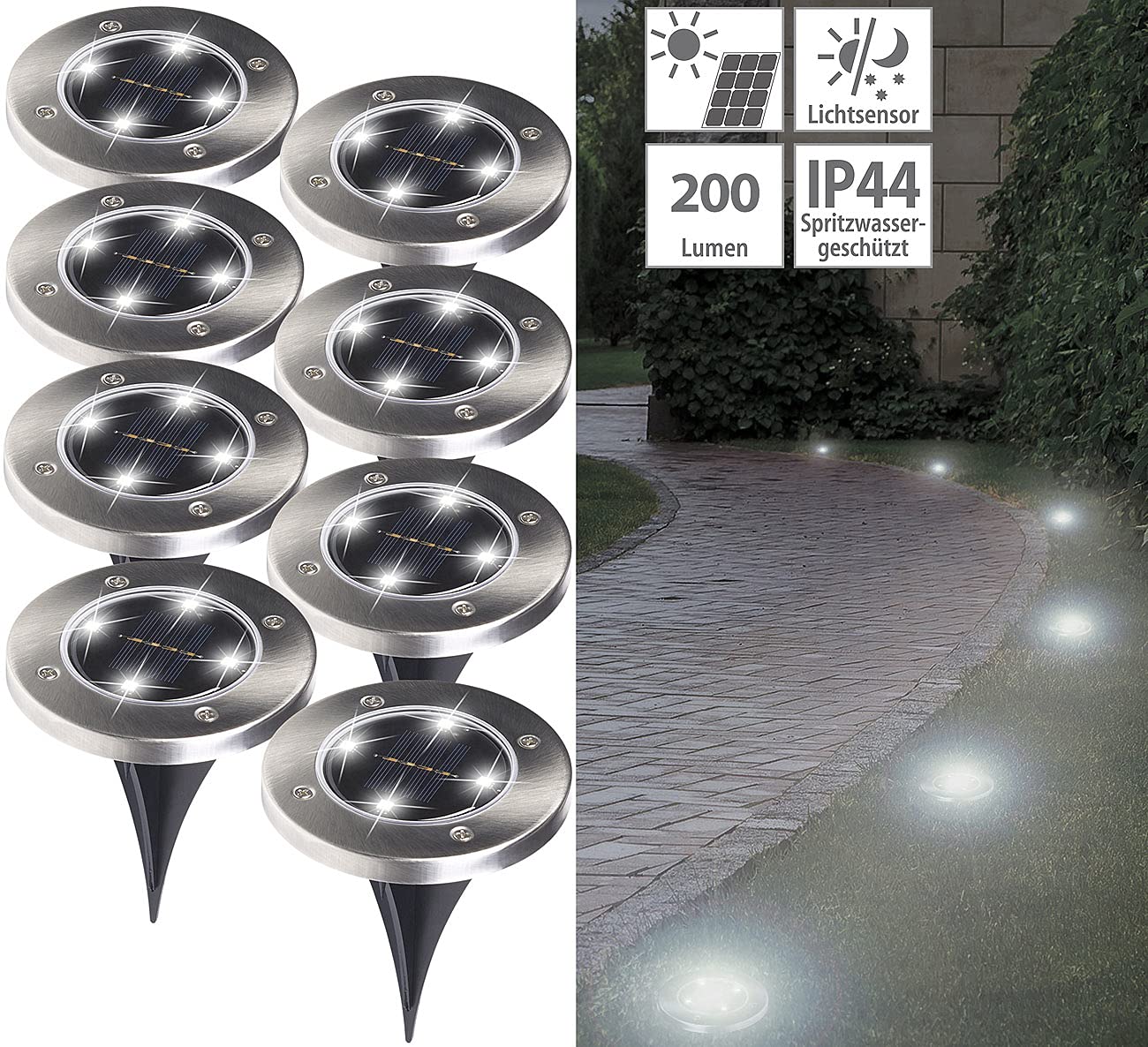 Lunartec Außenbeleuchtung Solar-Gartenstrahler tageslichtweiß IP44 8er-Set