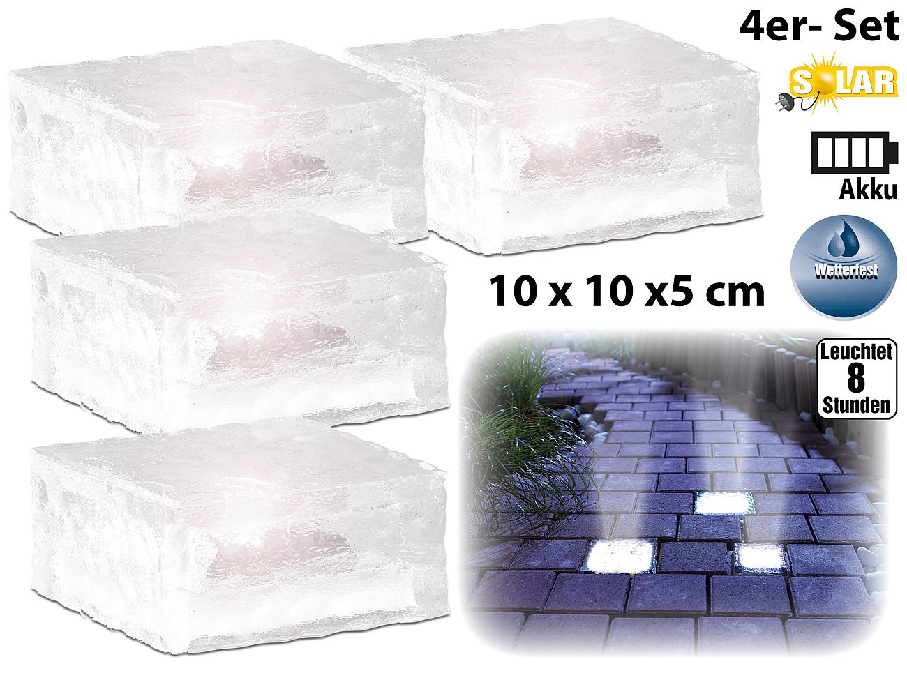 Lunartec Solar-Pflastersteine 4er-Set Glas 10x10 cm warmweiß