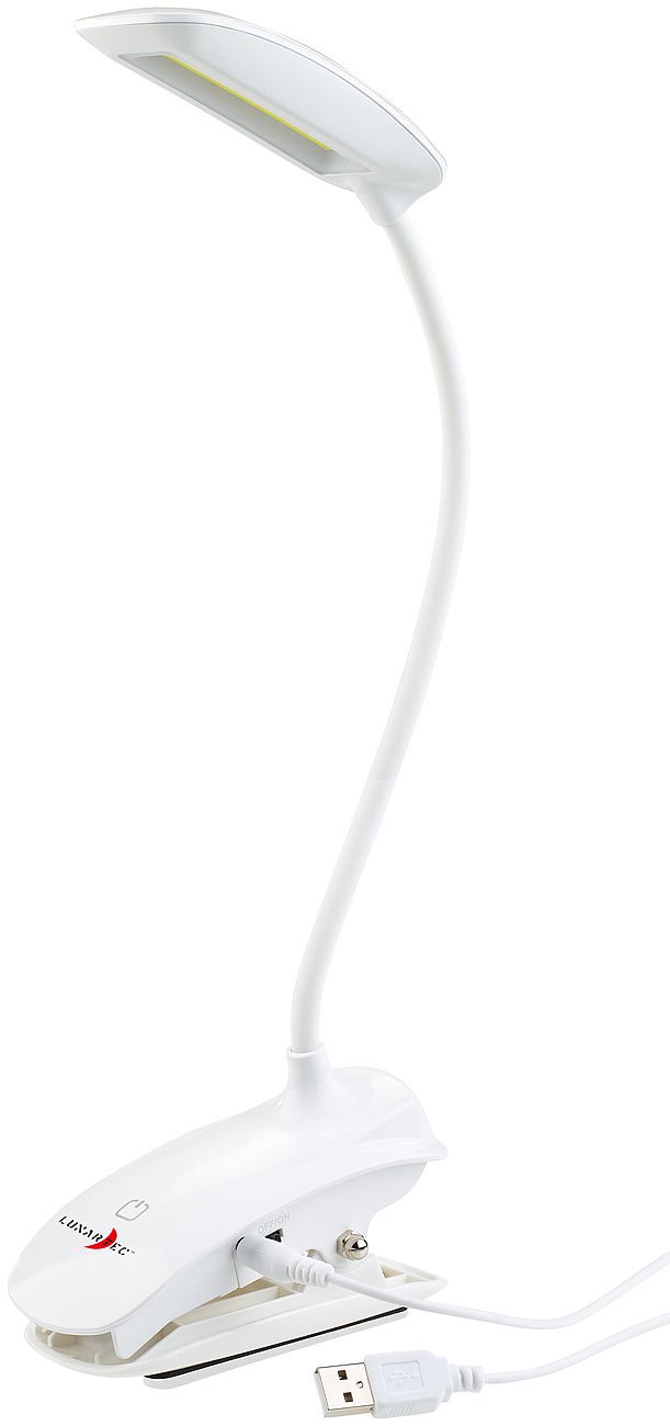 Lunartec Klemmleselampe Akku Schwanenhals 3W COB-LED USB