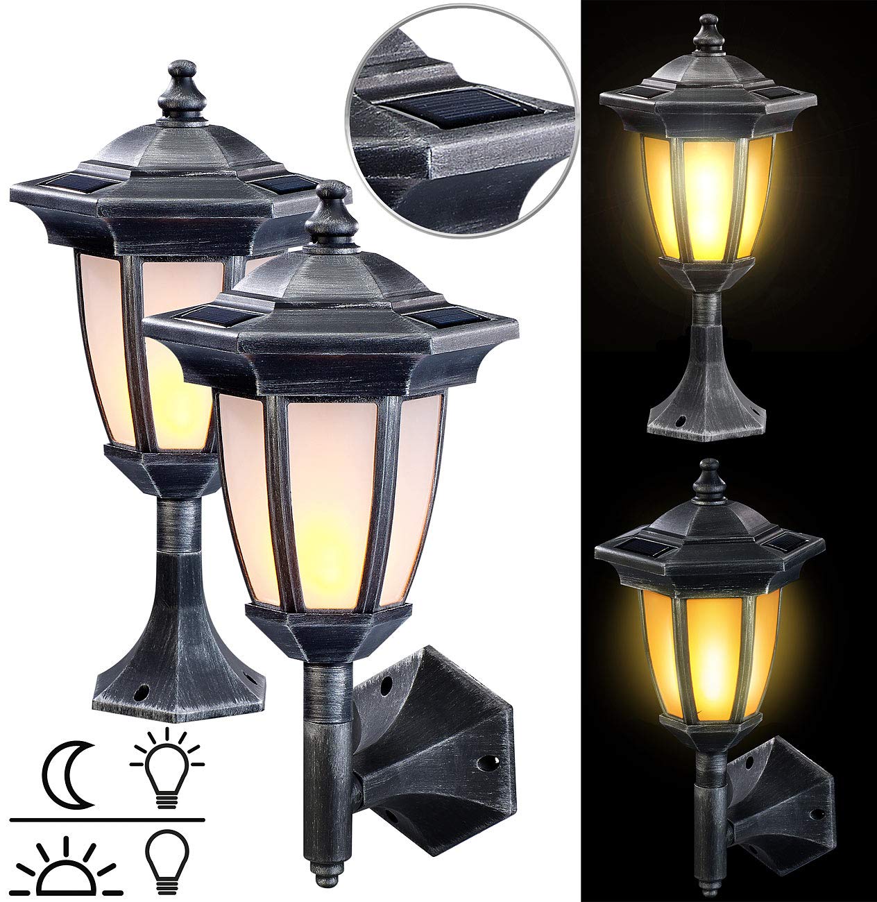 Lunartec Außenbeleuchtung Solar-Wandlaterne 2er-Set Flammeneffekt