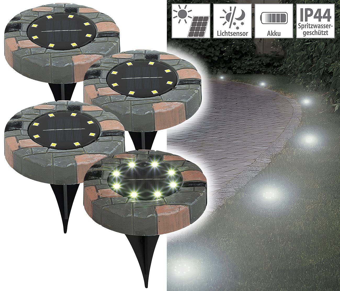 Lunartec Außenbeleuchtung Solar-Bodenleuchten 4er-Set warmweiß