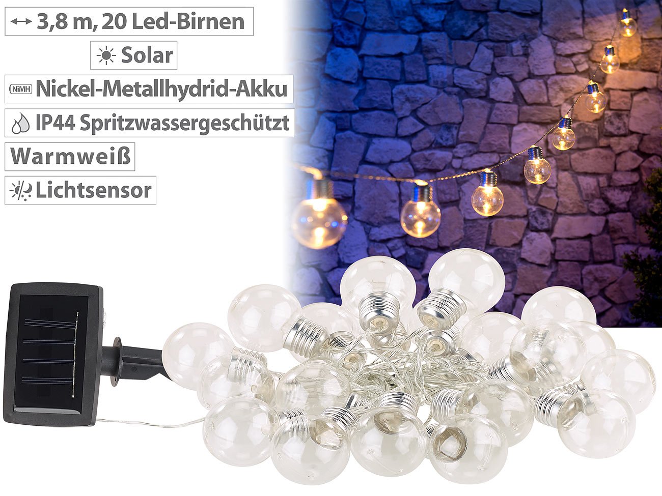 Lunartec Licht-Dekoration Solar-Lichterkette 20 LEDs warmweiß