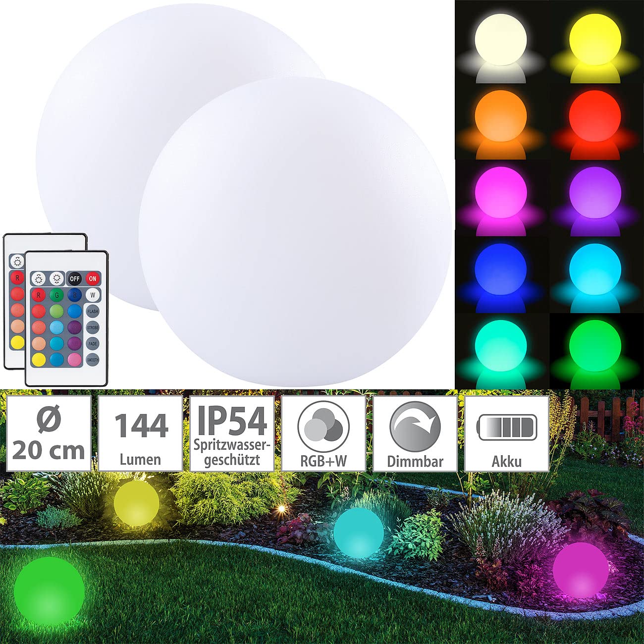 Lunartec Licht-Dekoration Akku-Leuchtkugeln 2er-Set Ø20cm RGBW