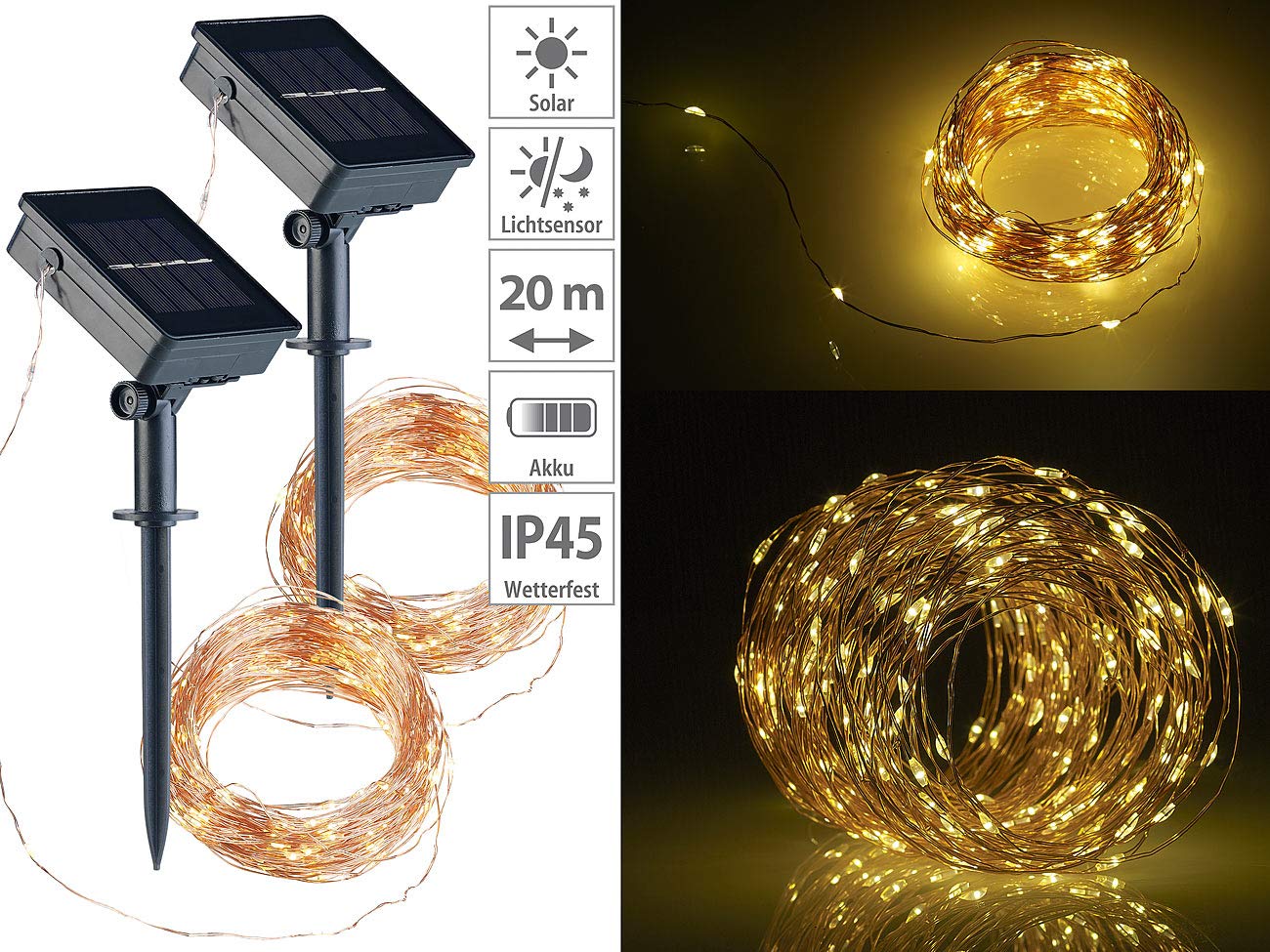 Lunartec Licht-Dekoration Solar-Lichterkette Kupfer 20m 200 LED 2er