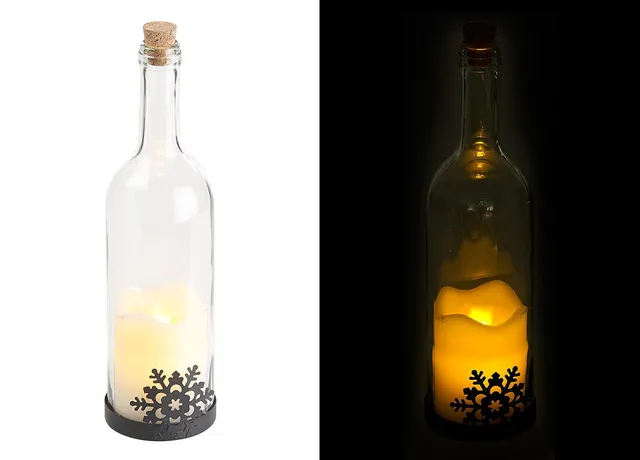 Lunartec Licht-Dekoration Deko-Glasflasche LED-Kerze Schneeflocke