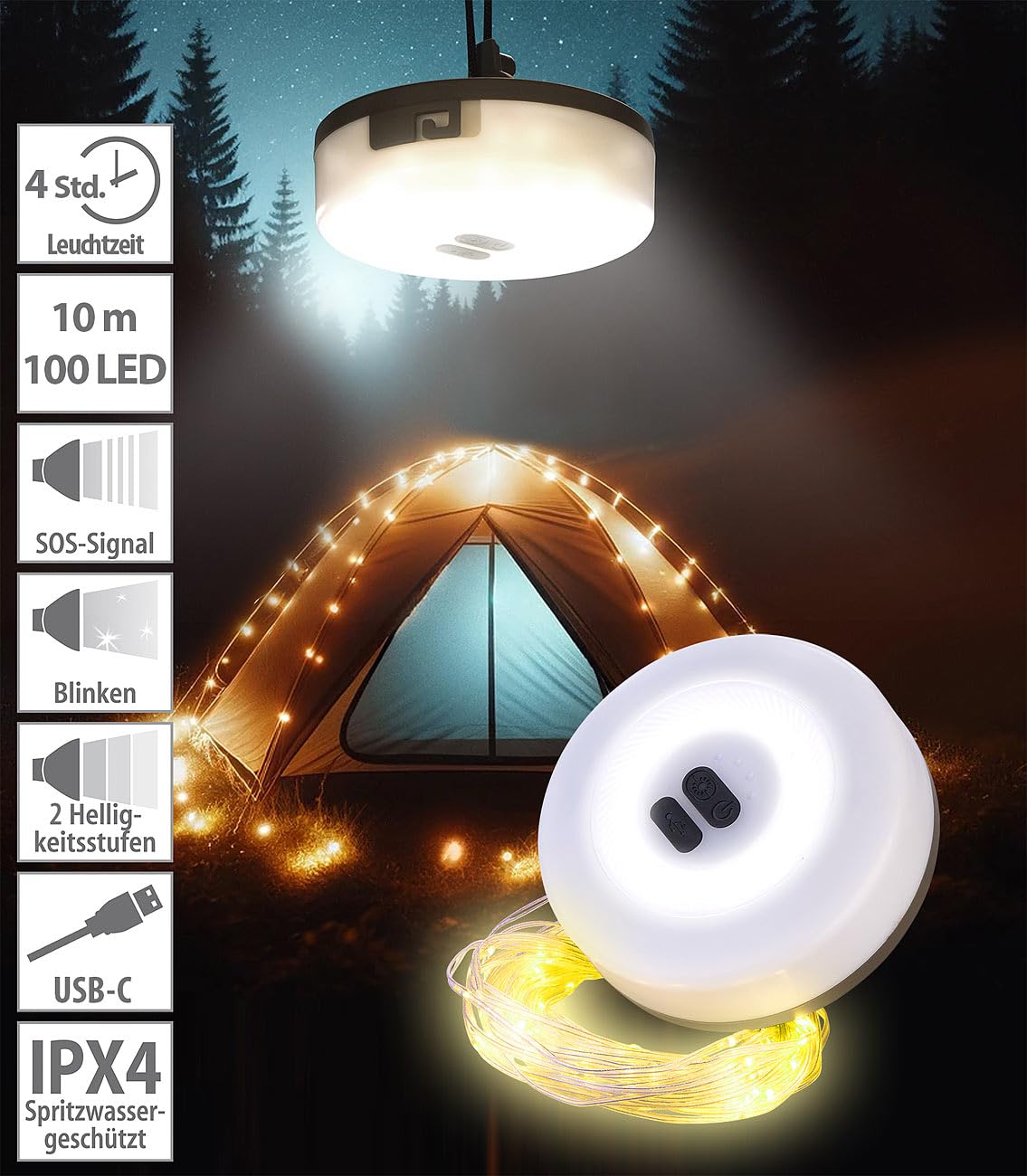 Lunartec Licht-Dekoration 2in1 Campingleuchte 10 m 130 LEDs weiß