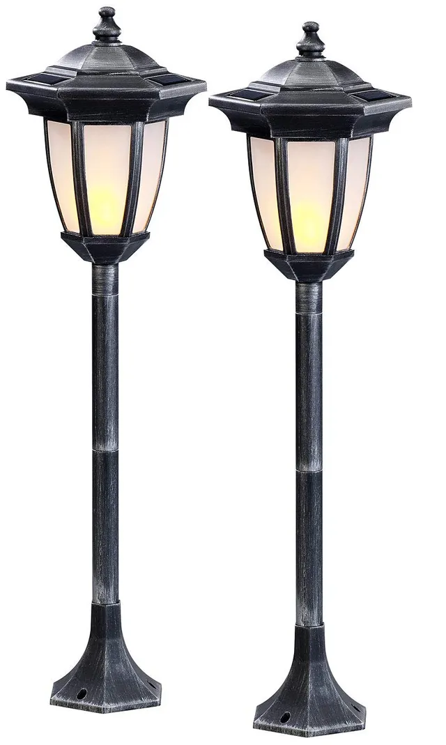 Lunartec Außenbeleuchtung Solar-Standlaterne 64 cm 2er-Set Flammeneffekt