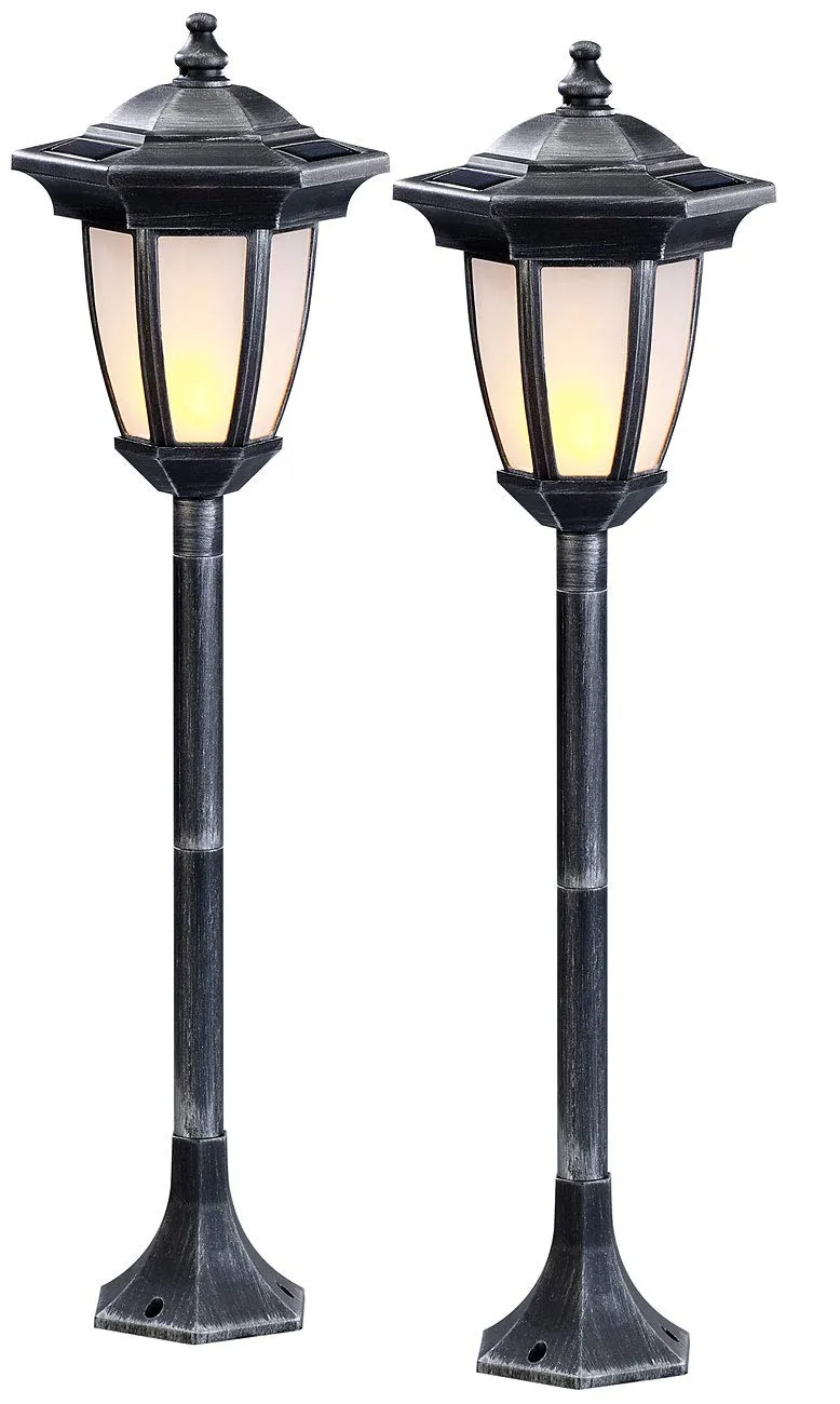 Lunartec Außenbeleuchtung Solar-Standlaterne 64 cm 2er-Set Flammeneffekt
