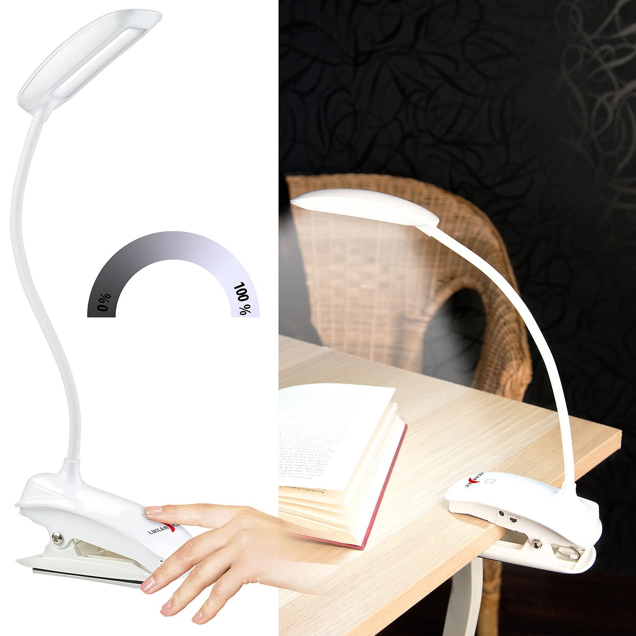 Lunartec Klemmleselampe Akku Schwanenhals 3W COB-LED USB