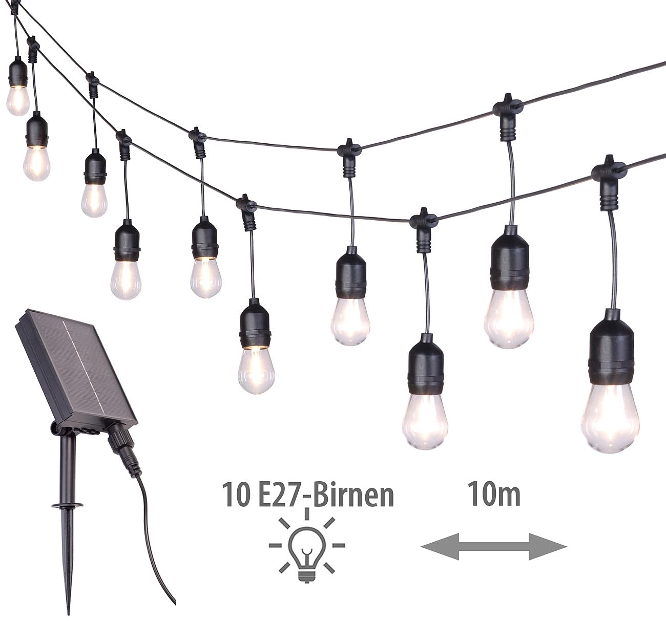 Lunartec Licht-Dekoration Solar-Lichterkette E27 10m 10 Birnen warmweiß