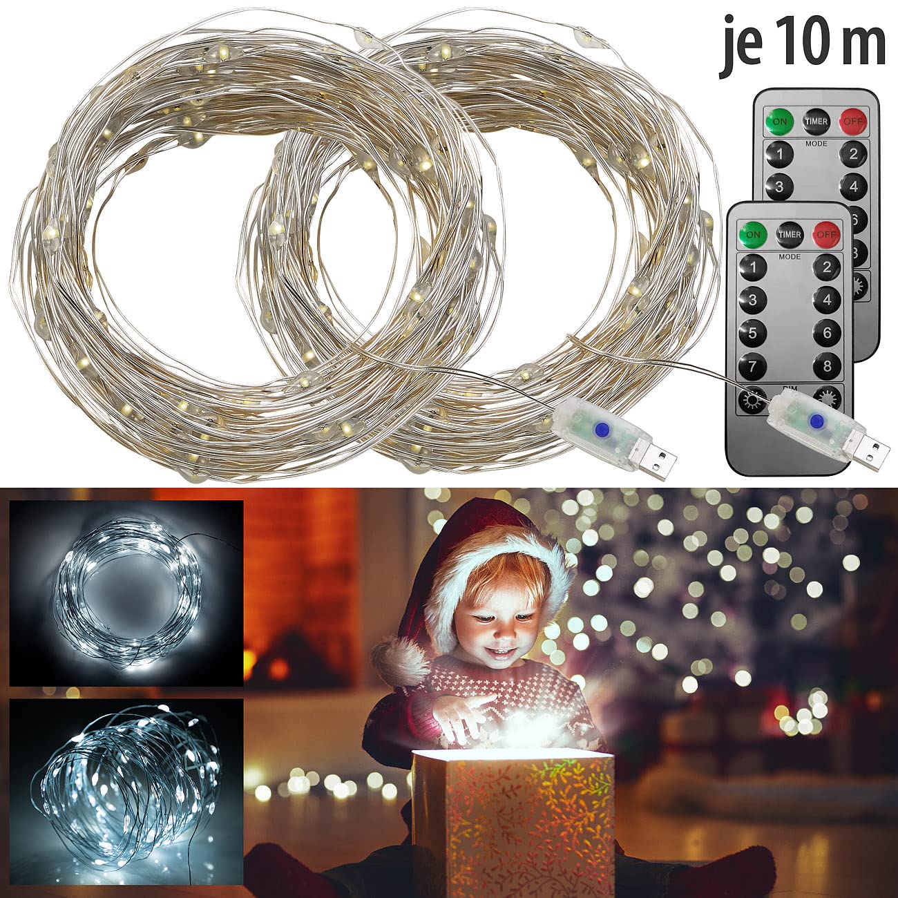 Lunartec Licht-Dekoration USB-LED-Lichterdraht 100 LEDs 10 m tageslichtweiß 2er-Set