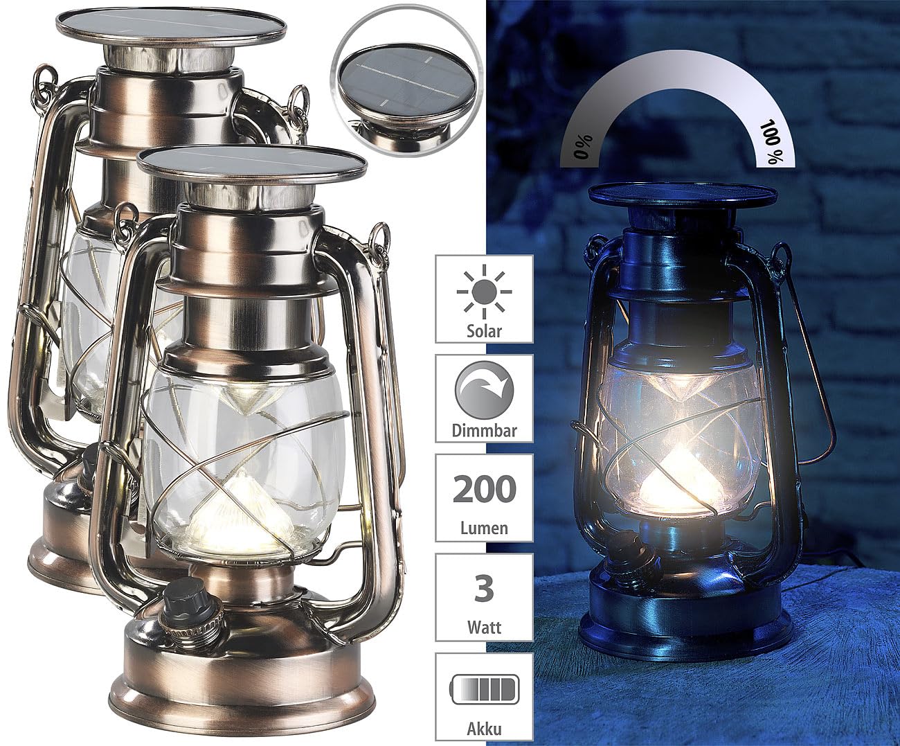 Lunartec Außenbeleuchtung Solar Sturmlampe 2er-Set bronze 200lm